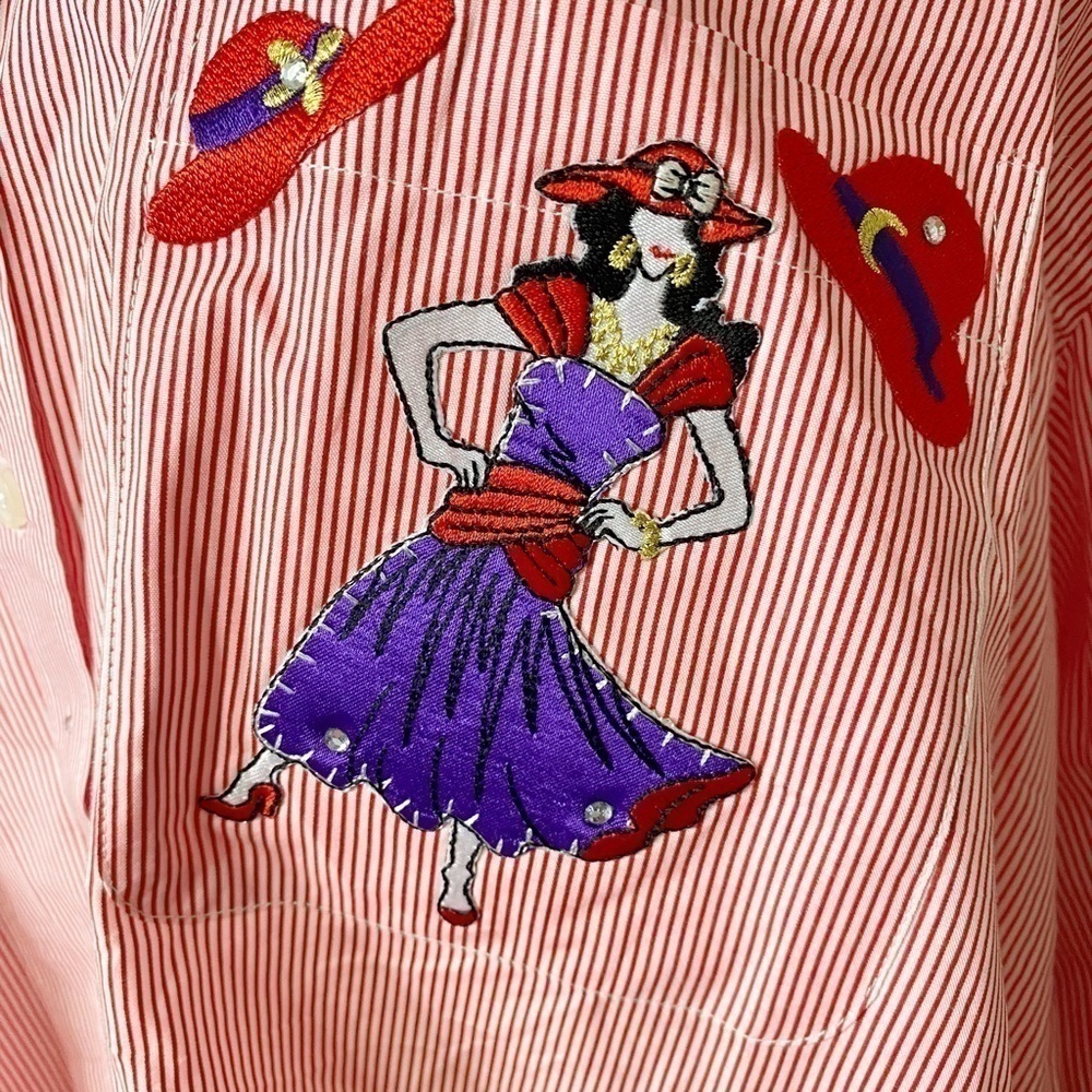 Las Olas Red and White Striped Button Down Long Sleeve Shirt with Embroidery - Picture 4 of 12